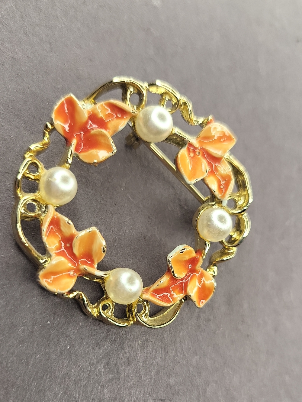 Gold-Tone Brooch with Orange Enamel Flowers and Pearl Accents